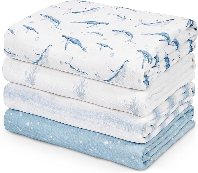 Muslin Swaddle Blankets for Newborn, 4 Pack Organic Cotton Baby Blankets for Boys, Large 31.5 x 43.3 Breathable Soft Receiving Blanket, Essentials Swaddle Wrap Burping Clothes, Blue Whale