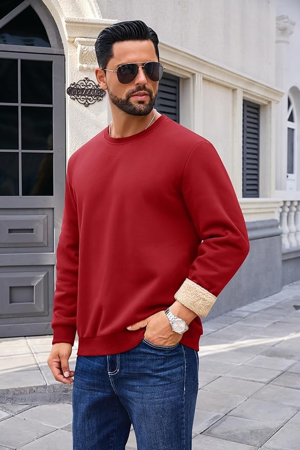 Boladeci Men's Full Sherpa Lined Crewneck Sweatshirts Heavy-weight Fleece Pullover Thick Thermal Long Sleeve Cotton