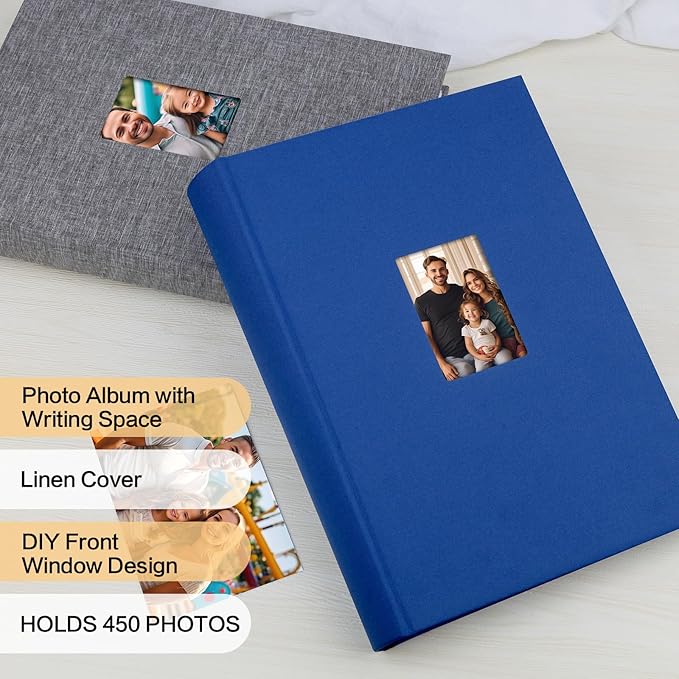 XFveivoo Photo Album 4x6 450 Photos with Writing Space,4 x 6 Photo Book Linen Cover with Front Window, 4x6 Picture Album 450 Photos Photo Album Book for Wedding Kids Travel Family Baby Pictures, Blue