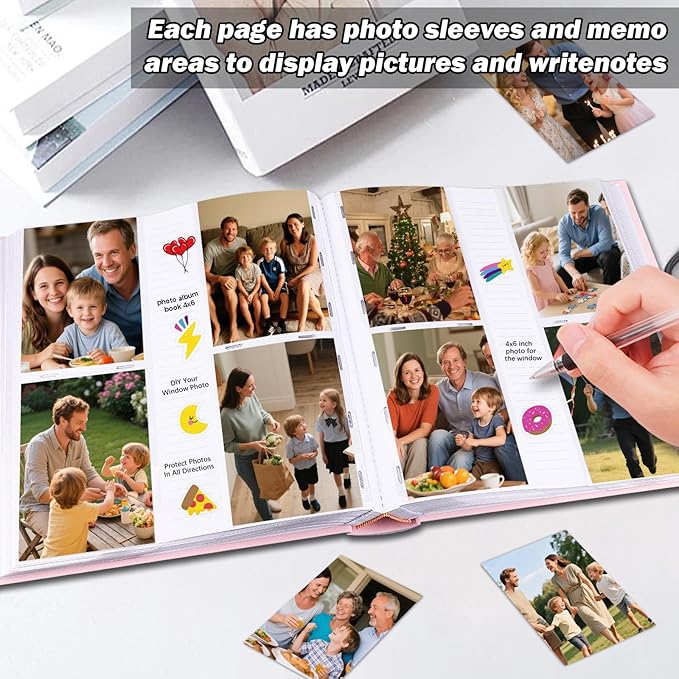 Photo Album 4x6 600 Photos with Writing Space Linen Cover with Front Window Picture Album, 600 Photos 4x6 Photo Album Book for Wedding Kids Travel Family Baby Pictures (Pink)