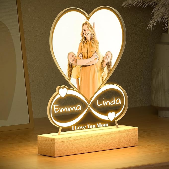 Custom Picture Frames with Photo, Custom Photo Frame with Night Light, Personalized Mom Birthday Gifts for Mom Kid Baby Family Pet