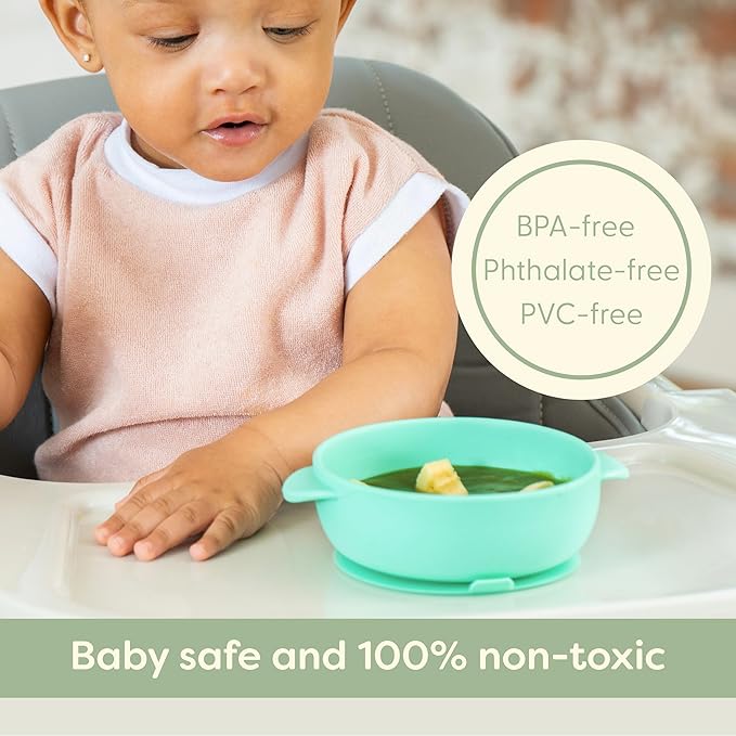 UpwardBaby Silicone Baby Bowls & Spoon Set - 4-Piece Set, Gray, Mint & Blue - Suction Bowls for Baby & Toddler, Dishwasher & Microwave Safe, Self-Feeding Spoon