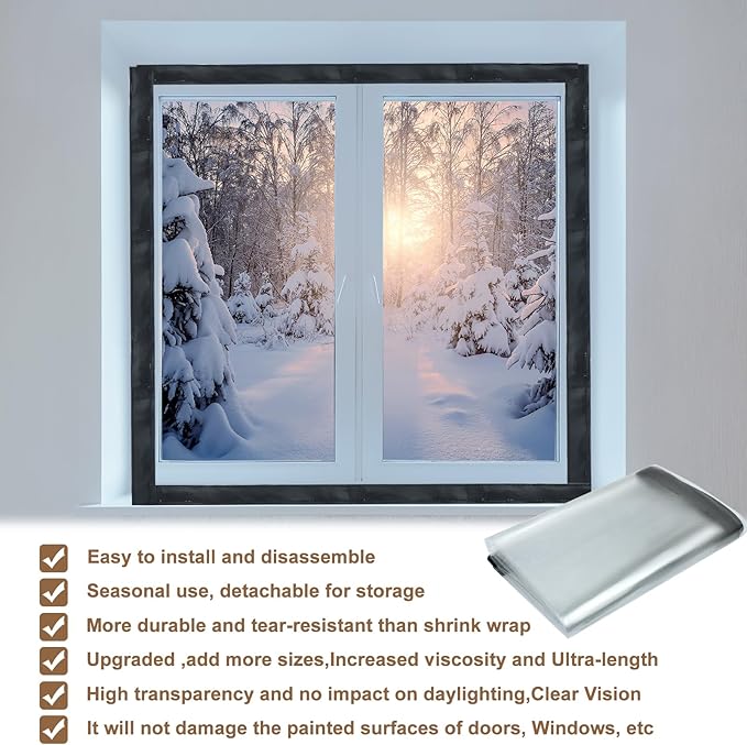 Window Insulation Kit for Winter Adjustable Plastic Insulated Window Cover Sealer Reusable Thermal Thicken Clear Insulation Wrap Transparent Film with Hook and Loop Tape for Winterizing 63'' x 63''