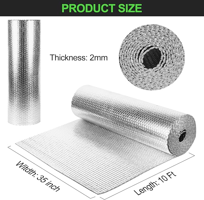 Reflective Insulation Roll 35inch x 10Ft Double Bubble Reflective Aluminum Foil Wrap Insulating Sheet Thermal Shield Radiant Barrier for Winter RV Window Thermal Cold Insulation Summer Heat - Silver