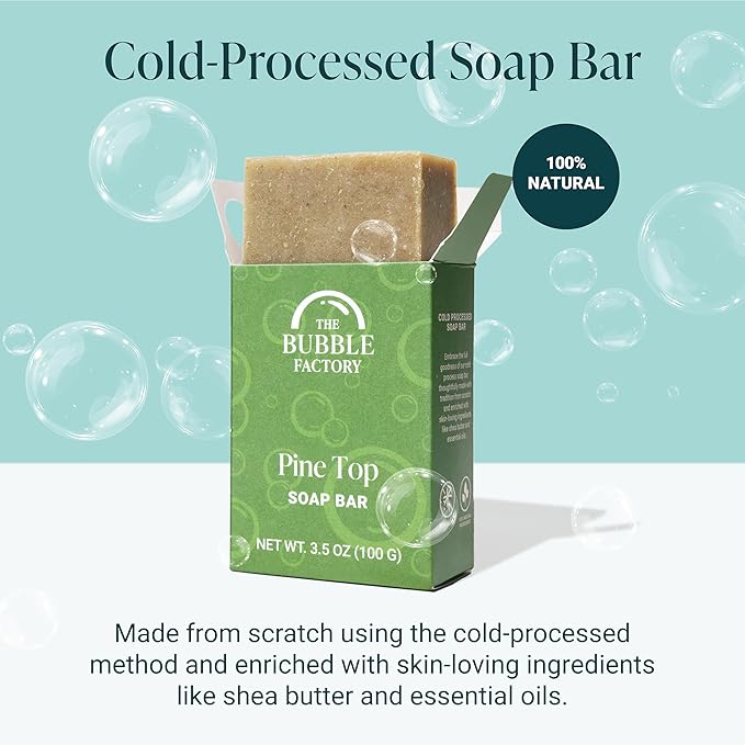 The Bubble Factory Handmade Soap, All Natural Soap for Women & Men, Hand, Bath & Body Natural Bar Soap, Vegan, Palm Oil Free, Made in USA with Shea Butter + Essential Oils, Pine Top, Single