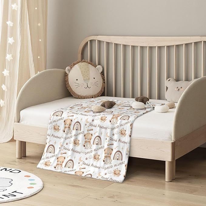 Ship Next Day, Personalized Baby Blanket for Boys Girls - Printed in USA, Custom Name Toddler Blanket with Sleep Bear Pattern, Perfect Newborn Gift