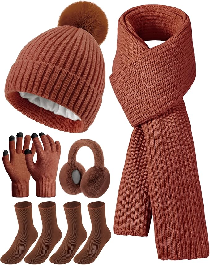 Geyoga 6 Pcs Winter Warm Set for Women Warm Beanies Hats Touchscreen Gloves Long Scarf Ear Muffs Socks Winter Gifts for Women