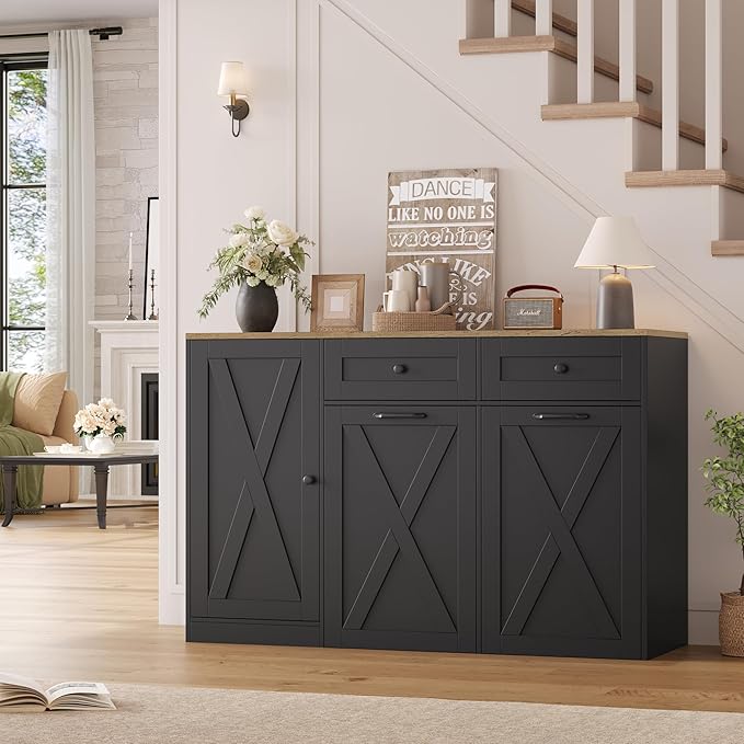 HOSTACK 12.5 Gallon Kitchen Trash Cabinet, 47" Double Trash Can Cabinet, Large Pull Out Can Storage Drawers, Wood Farmhouse Hidden Garbage Storage Buffet for Kitchen, Dining Room, Black