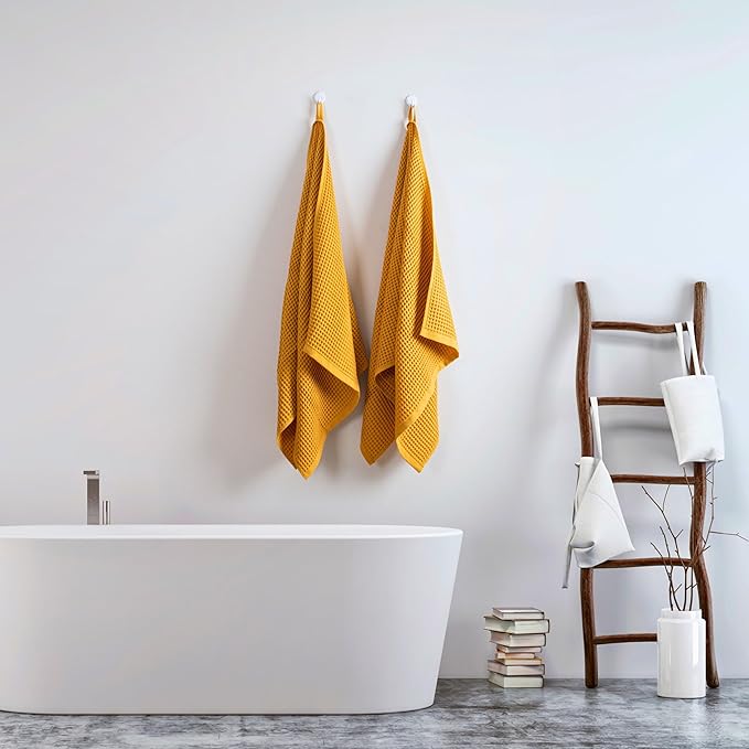 PÜSKÜL Premium Waffle Bath Towels Set of 2 - Organic 100% Turkish Cotton Bath Towel - Quick Dry, Absorbent, Light, Thin, 32x63 Large Waffle Towels (Mustard Yellow Bath Towels - Pack of 2)