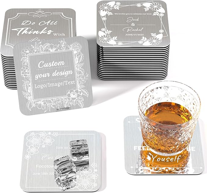 Personalized Coasters,Stainless Steel Coaster with Sponge Bottom,Engraved Drink Coasters with Logo/Name, Modern Coasters for Restaurant, Bar, Housewarming or Wedding Gift, Set of 6 (Silver, Square)