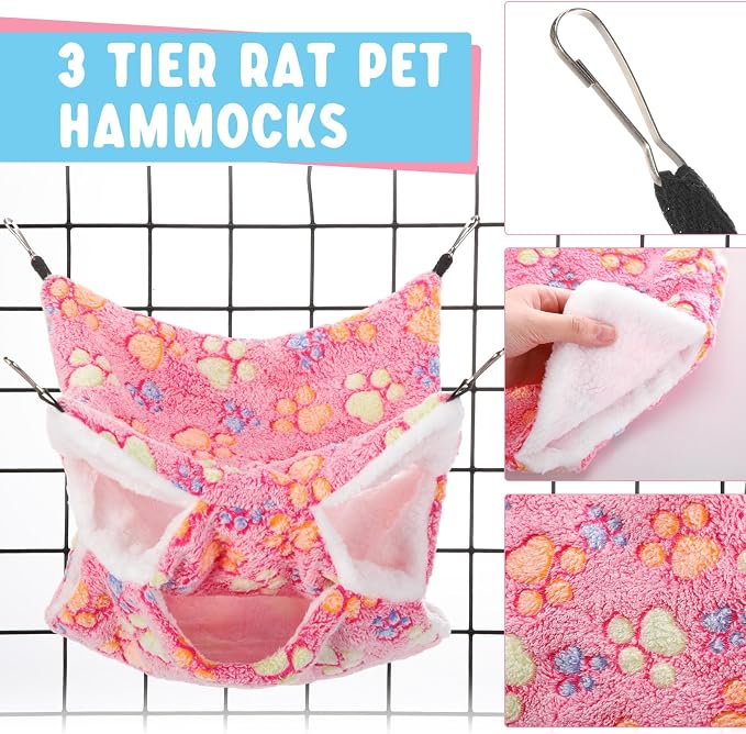 Sweetude 6 Pcs Hammock Tunnel Set for Small Pets,Dreamy,Paw | 3 Tier Hanging Hideout, Guinea Pig Hamster Chinchilla Ferret, Soft Plush Cage Accessories for Sleep Play and Rest