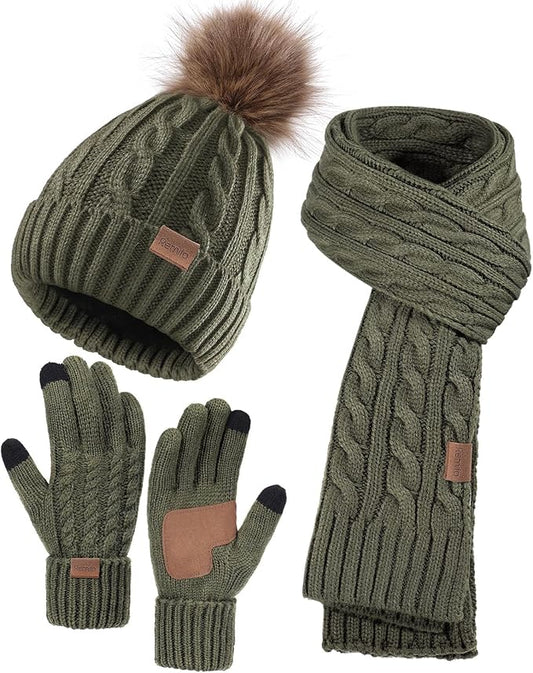 Remifa Winter Hat Scarf Gloves Set for Women, 3 PCS Beanie Hat Touchscreen Glove Long Neck Kint Scarf Valentines Gifts