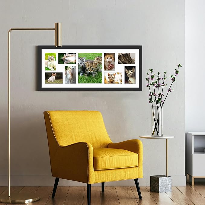12x30 Collage Picture Frame Displays One 8x10 inch Photos and Eight 4x6 photos Collage Available Horizontal Wall Mounting Display and Vertical Black
