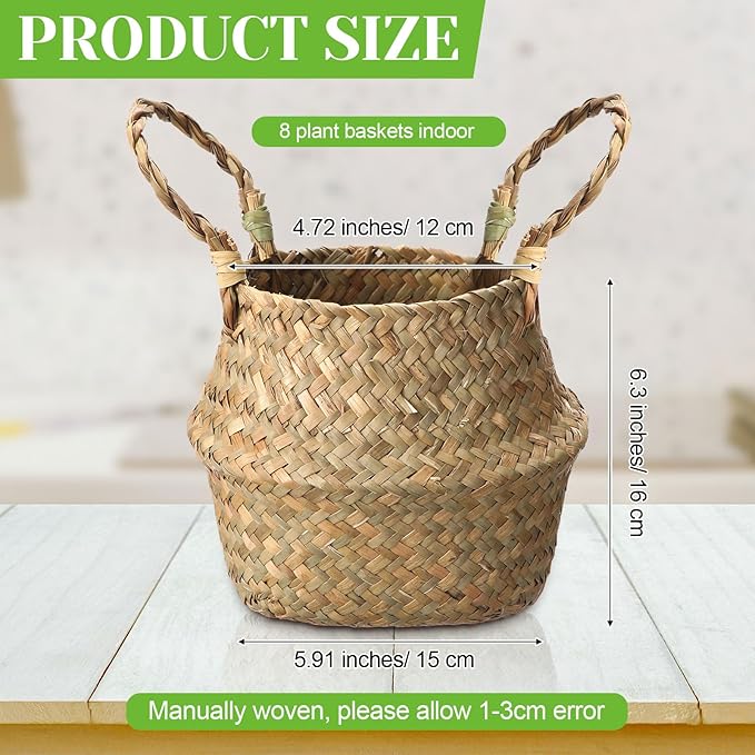 Qunclay 8 Pcs Woven Seagrass Baskets Belly Basket Folding Boho Natural Plant Pot with Handles Round Decorative Wicker Large Indoor Planter for Home Outdoor Tree Planters Decor (6.3 x 5.9 Inch)