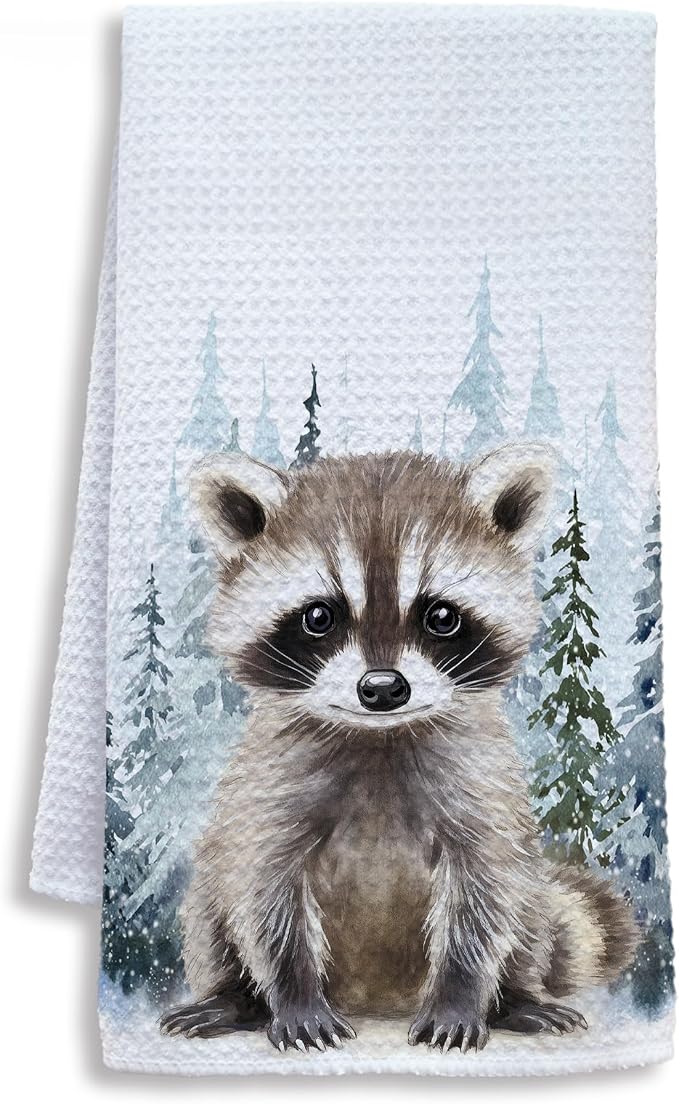 Winter Christmas Raccoon Kitchen Towels, Gifts for Raccoon Lovers Dish Tea Towels for Kitchen, Winter Pine Tree Forest Decorative Hand Towel for Kids Bathroom Decor, 16x24 Inch