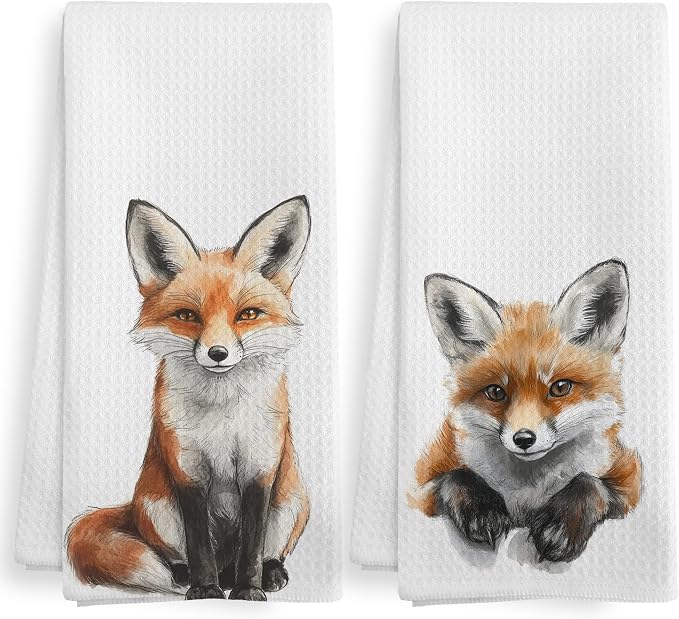 Funny Fall Fox Kitchen Towels and Dishcloths Sets of 2, Fox Decor Stuff Gifts, Woodsy Rustic Cabin Lodge Forest Nursery Home Hunting Decor Dish Hand Tea Towels for Bathroom Kitchen, 16x24Inch