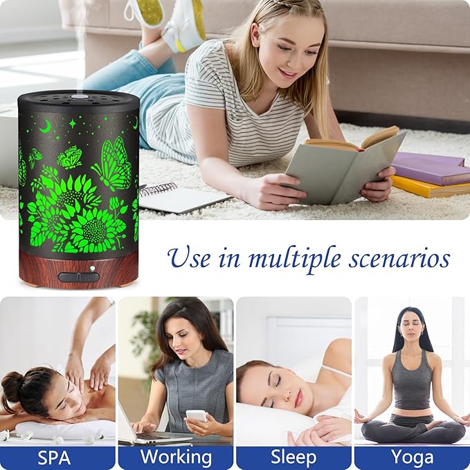 Essential Oil Diffuser- Aromatherapy Diffuser with7 Colors Light, and Auto-Off -Metal Cool Mist Humidifier for Home and Office（Sunflower + Butterfly）…