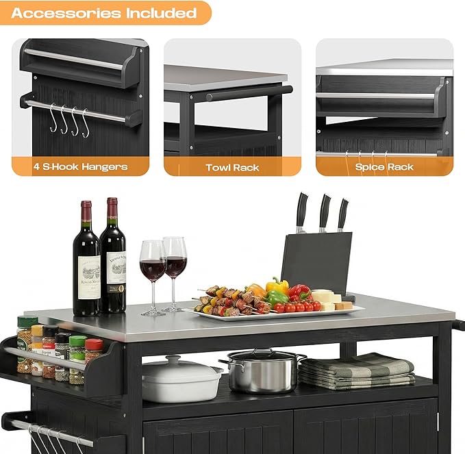 FUQARHY 43.3-Inch Outdoor Kitchen Island with Storage Cabinet and Stainless Steel Top, Solid Wood Prep Station Grill Table with Lockable Wheels for Patio, Backyard, Party (Black)