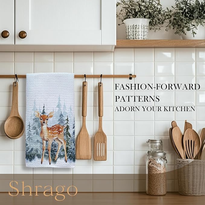 Winter Christmas Deer Kitchen Towels, Deer Gifts, Animal Lover Gifts Dish Tea Towels for Kitchen, Winter Pine Tree Forest Decorative Hand Towel for Kids Bathroom Decor, 16x24 Inch