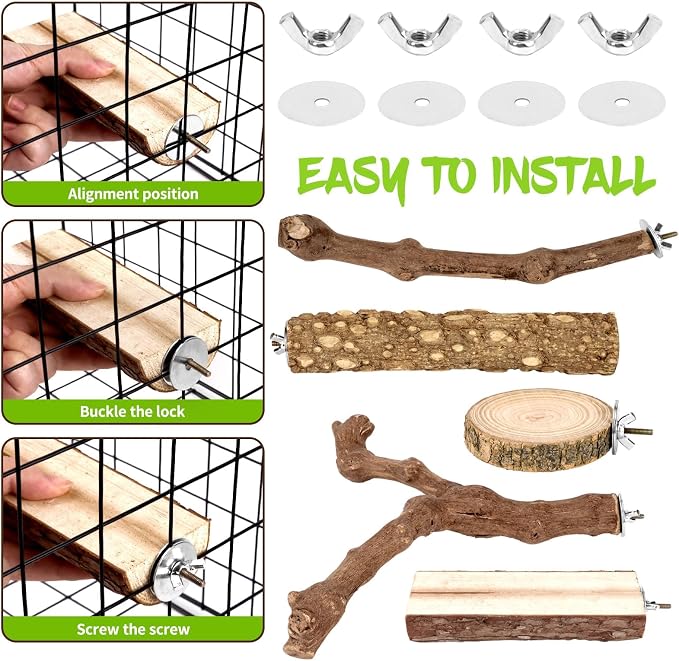 8 Pcs Natural Grape Wood Bird Perch & Platform Set for Cages | Ideal for Small/Medium Birds (Budgies, Conures) | Bark Textures for Foot Health | Tool-Free Wing-Nut | Safe Chewing