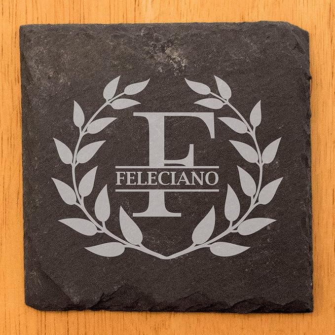 ustic Elegance: Personalized Slate Coasters with Wreath Design - Square Slate - Set of 6