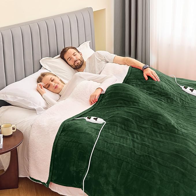 greenoak Heated Blanket Electric Queen Size 84"X90" Dual Control, Heating Blankets with 10 Levels 8 Hours Auto-Off, Soft Sherpa Fluffy House Warming Gifts for Grandma Seniors Momt,Jade Green