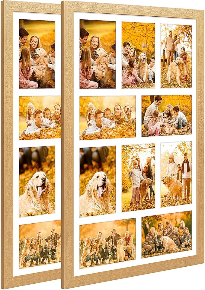 13x21 Collage frame with 10 Openings 4X6 Pictures, Multiple Picture Frame with Mat, Wall or Tabletop Decor, Natural Wood Grain,2 Pack