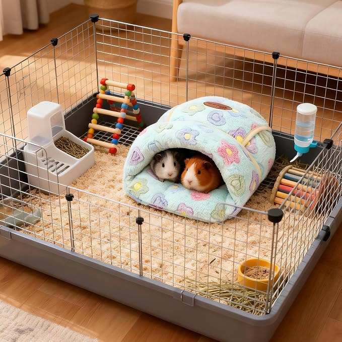 YUEPET Guinea Pig Bed, Warm Fleece Cuddle Cave, Green Flower | Cozy Guinea Pig House, Portable Guinea Pig Hideout, Soft Coral Fleece, Washable Cushion, Slipper Shape