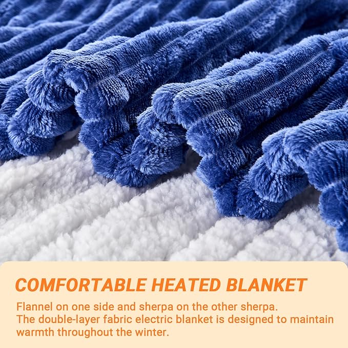 Heated Blanket Electric Throw, Soft Flannel Heating Blanket with 8 Hours Auto Off 10 Fast Heating Levels Machine Washable Sherpa Heated Blanket with Overheating Protection