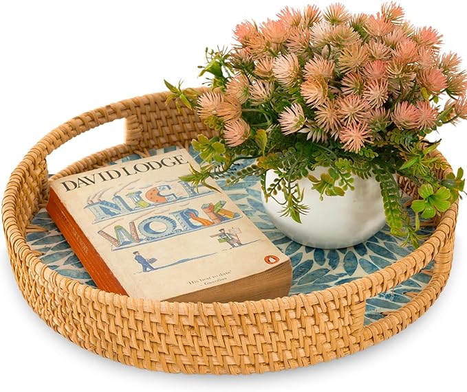 KOLWOVEN Round Rattan Tray with Handle, Rattan Serving Tray with Mother of Pearl Inlay Wooden Base, Decorative Wicker Basket for Table Decor (Blue Flower)