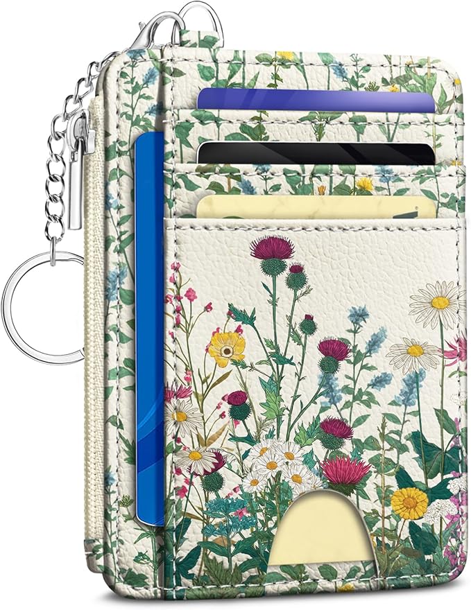 Kelvoris Credit Card Holder Small Wallet Women, Slim RFID, Wildflower | Keychain, Zipper Coin Pocket, Front Pocket Thin Travel Card Case, Minimalist, 6 Card Slots, 1 ID Window, Ladies Gifts Woman