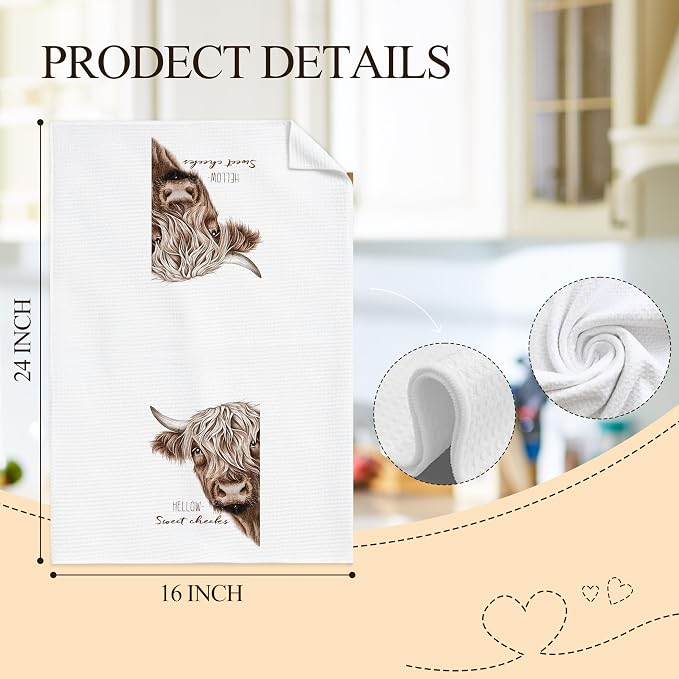 Hello Sweet Cheeks Highland Cow Bathroom Hand Towels, Highland Cow Bathroom Decor, Funny Scottish Cattle Farm Animal Hand Towels for Bath Room Washroom Toilet Decor, 16x24 Inch Set of 2
