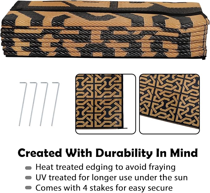 SAND MINE Reversible Mats, Plastic Straw Rug, Modern Area Rug, Large Floor Mat and Rug for Outdoors, RV, Patio, Backyard, Deck, Picnic, Beach, Camping, Trailer, Black & Brown, 9' x 18'