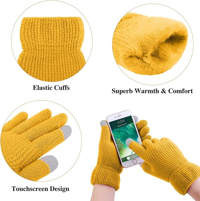 Aneco Womens Winter Warm Sets Knitted Fur Pompoms Beanie Hat Circle Loop Scarf Touch Screen Gloves Winter Favor Accessories