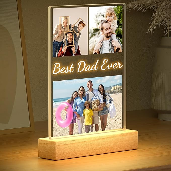Personalized Birthday Gifts for Dad from Daughter & Son, Custom DAD Picture Frame with Photos, Personalized Photo Frame with Night Light, Customized Photo Frames
