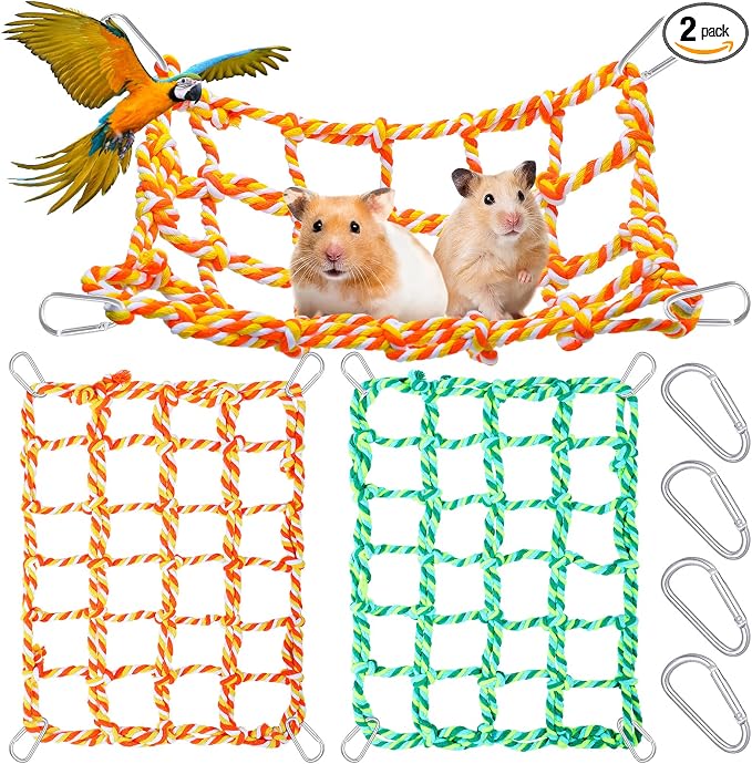 2 Pieces Rat Cage Accessories Rat Toys Climbing Bird Rope Net Pet Hanging Hammock for Hamster, Mice, Parrot, Bird, Sugar Glider Habitat Decor and Play(11 x 7.8 Inch,Multi Color)