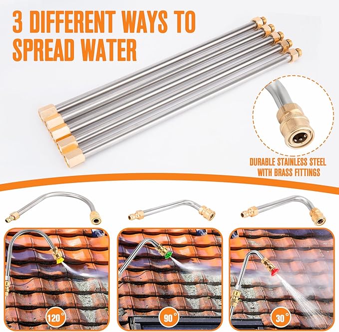 Pressure Washer Extension Wand, Power Washer Lance, Gutter Cleaning Tools for Pressure Washer with Spray Nozzle Tips, 30°, 90°, 120° Curved Rod, 1/4" Quick Connect, 4000 PSI
