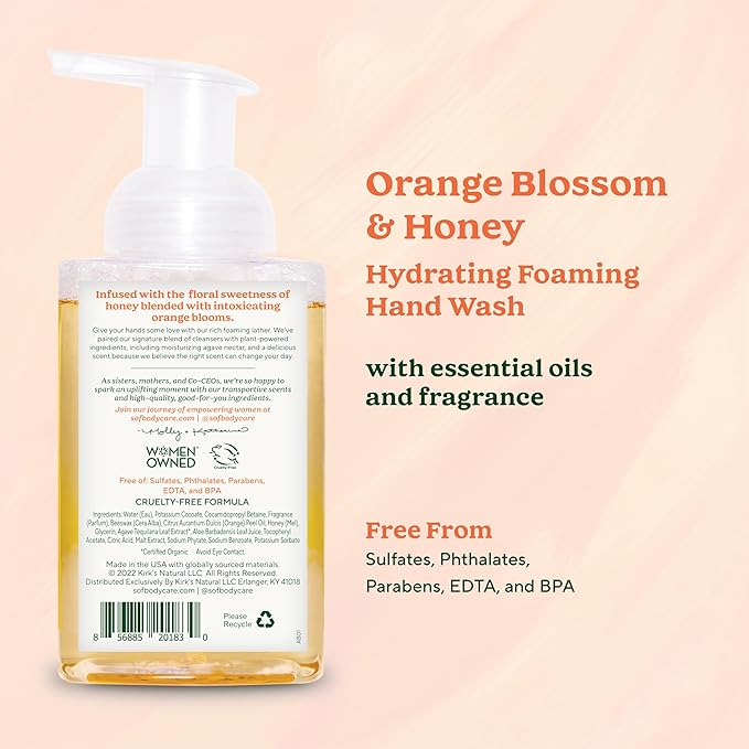 SoF Hydrating Foaming Hand Wash - With Organic Agave Nectar & Coconut Oil- Vegan & Non GMO- Free From Phthalates, Sulfates & Parabens- Orange Blossom & Honey - 8 oz Bottle 6 Pack
