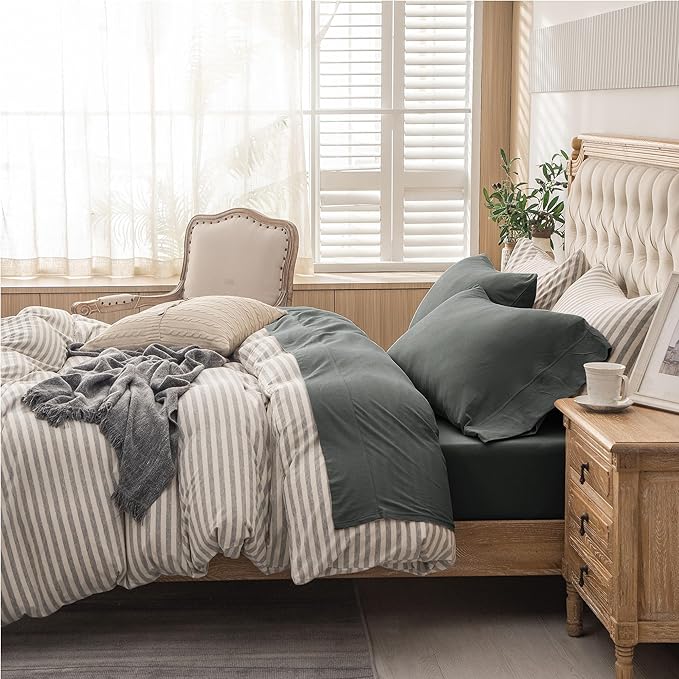 PURE ERA Jersey Knit 4pc Bed Sheet Set 100% T-Shirt Cotton Super Soft Comfy Breathable Fits Mattress Up to 20" Extra Deep Pocket (Solid Dark Greenish Gray, Queen)