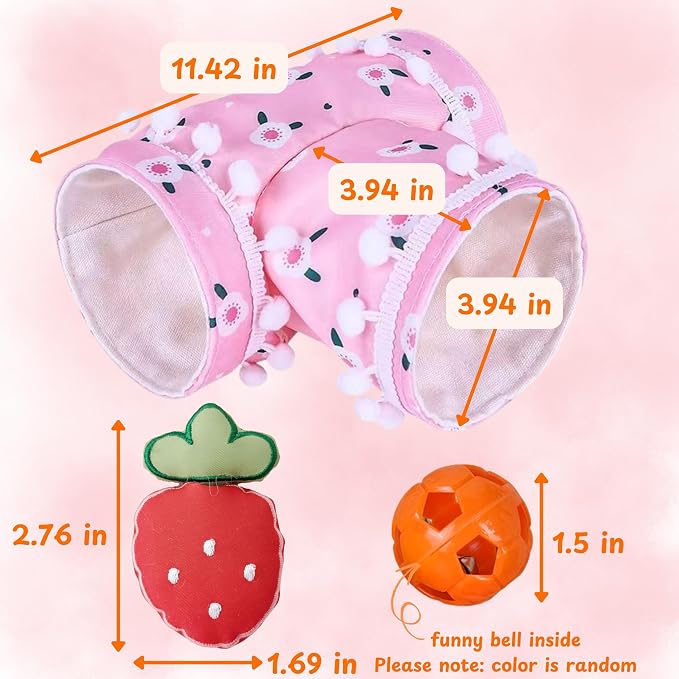 Hedgehog Cage Accessories Hideout Tunnel Small Animal, Tunnel and Bell Balls Toy set, Hedgehog Hideout with 2 pcs Toys, Small Animal Tubes for Hamster Guinea Pig Squirrel, Hedgehogs Accessories (Pink)