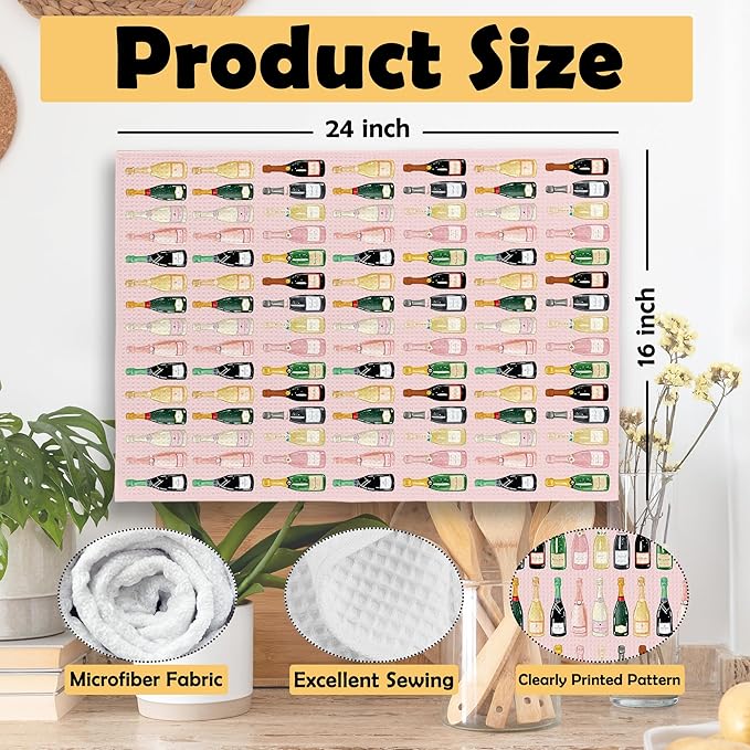 Pink Champagne Lover Gift Kitchen Towels, Champagne Accessories Bar Hand Towel, Trendy Alcohol Bottles Cocktail Gift Champagne Bachelorettes Girly Room Decorative Tea Dish Towels 16x24 Inch