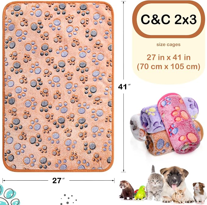 Reginary 4 Pcs Guinea Pig Fleece Blankets, Paw Print, 28 x 41 Inch | Waterproof Washable Cage Liners, Absorbent Double Layer Bedding for Guinea Pigs, Reusable Pads for Hamsters Rabbits