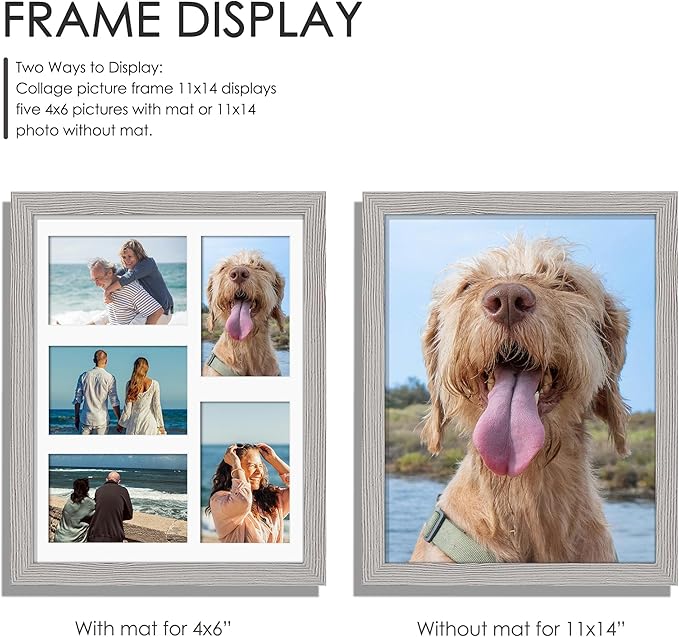 11x14 Collage Picture Frame, 4x6 Collage Picture Frame, Displays Five 4x6 inch Photos, or 11x14 (Without Mat) Wall Decor Wall Hanging or Tabletop, Grey.