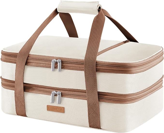 LUNCIA Insulated Double Decker Casserole Carrier, Lasagna Lugger Tote Keeps Food Hot or Cold, Thermal Lunch Bag for Potluck Parties, Picnic and Cookouts, Fits 9" x 13" Baking Dish, Cream