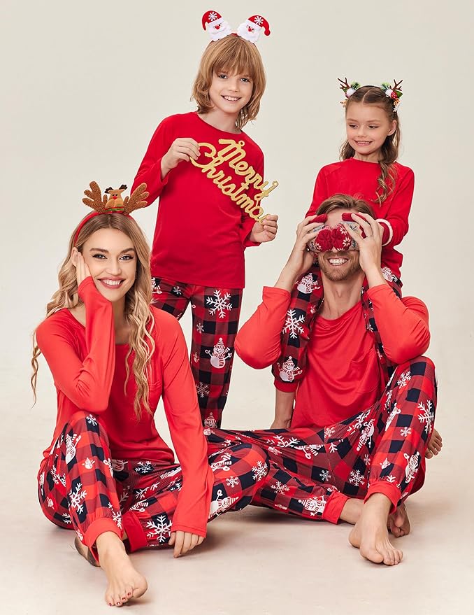 Ekouaer Family Matching Pajamas Christmas Sleepwear Long Sleeve Sleep Shirt with Plaid Pants Soft Loungewear Pjs Set S-XXL