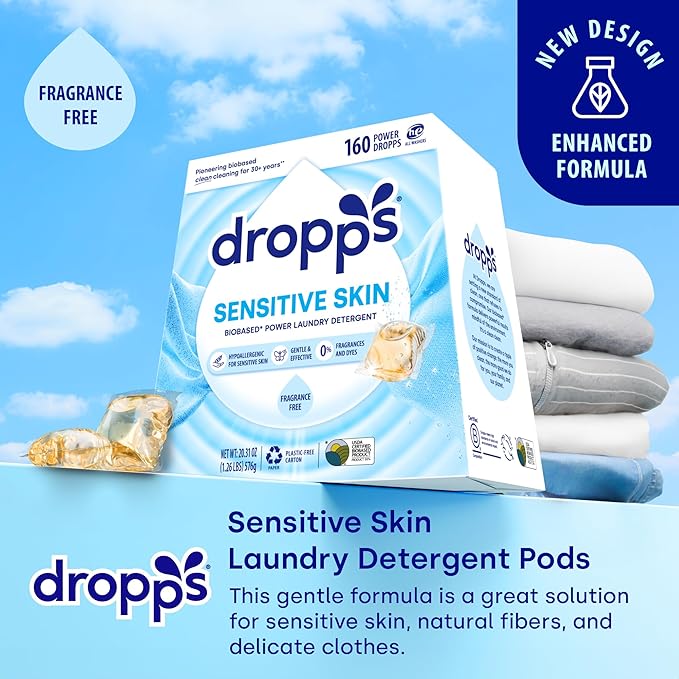 Dropps Sensitive Skin Laundry Detergent Pods, Unscented (160 Count) - Dermatologist Tested Laundry Pods - HE Compatible Laundry Supplies for Clean Clothes, Vegan & Dye-Free