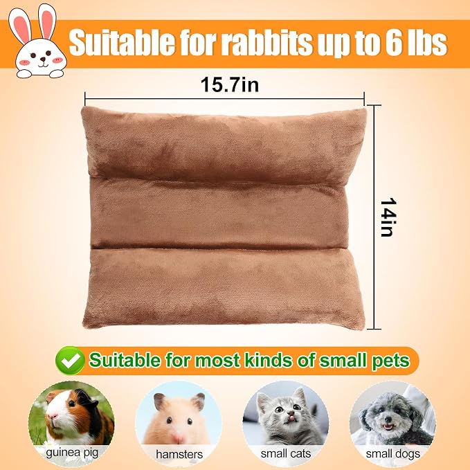 MEWTOGO 15.7" x 14" Bunny Bed for Rabbit Cage, Thickened & Soft | Prevent Sore Hocks Plush Mat with Cotton Lounger Pillows, Small Animal Flop Mat for Hutch Sleeping Indoor, Brown