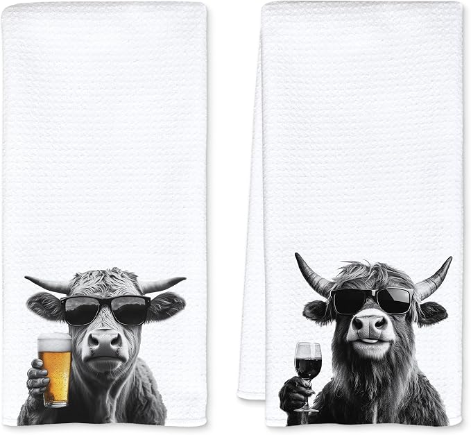 Funny Cow Kitchen Towels Set of 2, Funny Kitchen Decor, Wine Station Wine Bar Decor, Black and White Cow Owner Gift Hand Towel, Dining Room Decorative Tea Towel Dish Towels 16x24 Inch