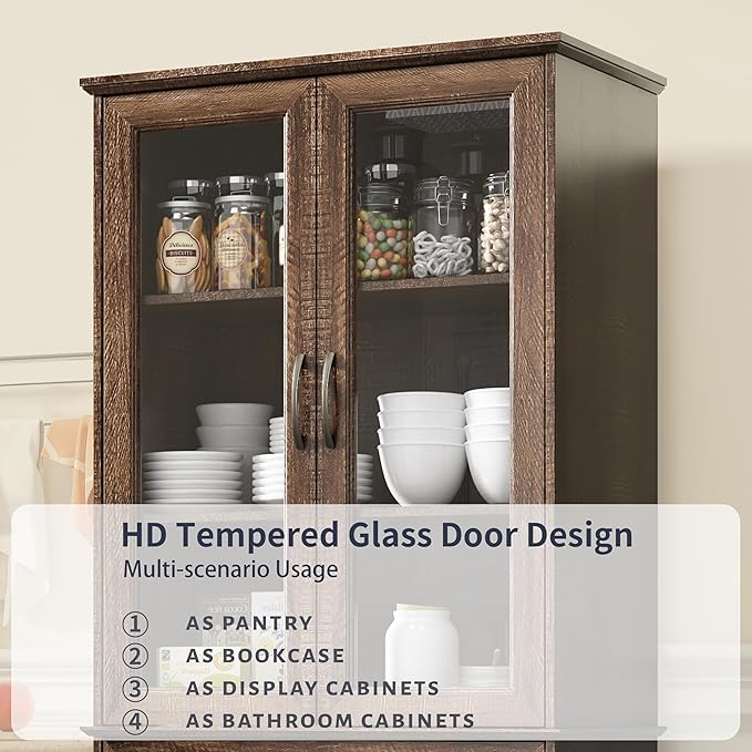 Fatmok 72" Tall Kitchen Pantry Storage Cabinet with Glass Door,Kitchen Hutch Cabinet with 4 Door & 1 Drawer, Farmhouse Food Pantry for Living Room, Dining Room, Office, Brown