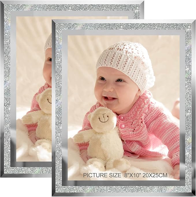 8x10 Picture Frames Silver - Set of 2, Sparkle Real Glass 8 by 10 Photo Frame Mirrored Edge Great Gift, for Tabletop Display, Wedding Birthday Christmas Day Gifts (8 x 10, Glitter Silver)